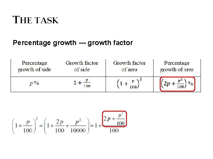 THE TASK Percentage growth --- growth factor 