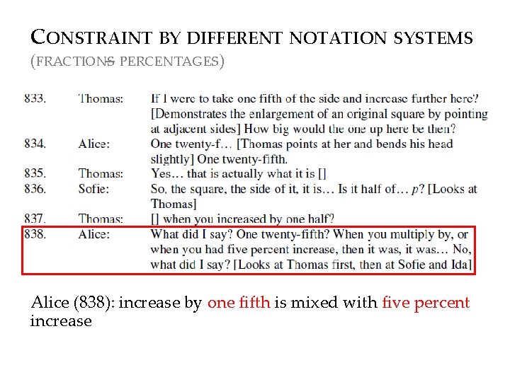 CONSTRAINT BY DIFFERENT NOTATION SYSTEMS (FRACTIONS – PERCENTAGES) Alice (838): increase by one fifth