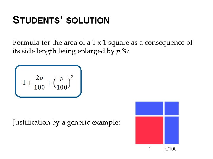STUDENTS’ SOLUTION Formula for the area of a 1 x 1 square as a