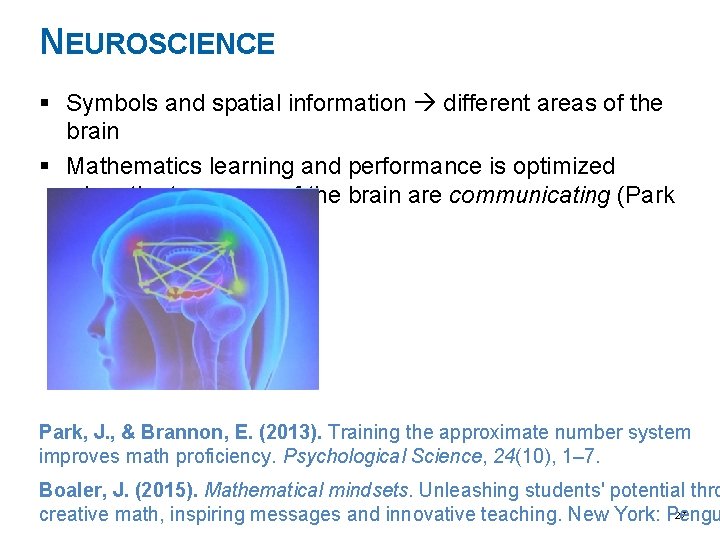 NEUROSCIENCE § Symbols and spatial information different areas of the brain § Mathematics learning