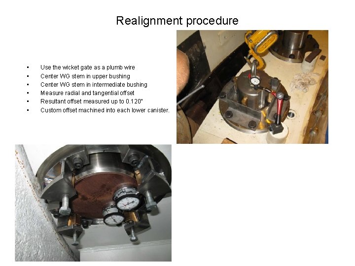 Realignment procedure • • • Use the wicket gate as a plumb wire Center