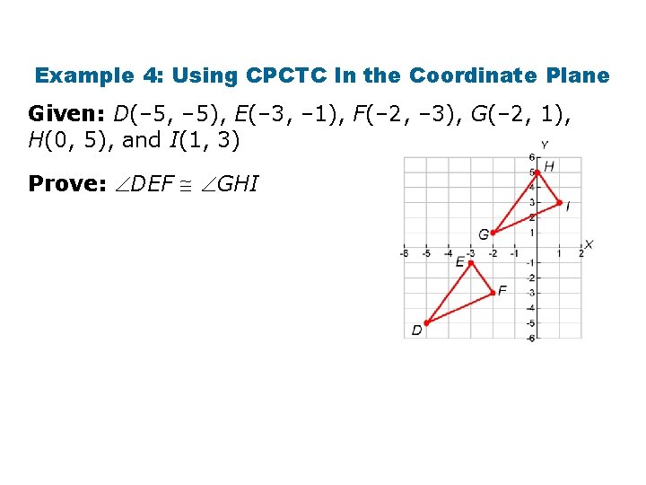 Example 4: Using CPCTC In the Coordinate Plane Given: D(– 5, – 5), E(–