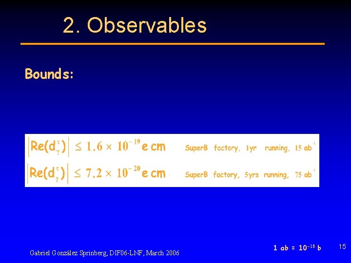 2. Observables Bounds: Gabriel González Sprinberg, DIF 06 -LNF, March 2006 1 ab =