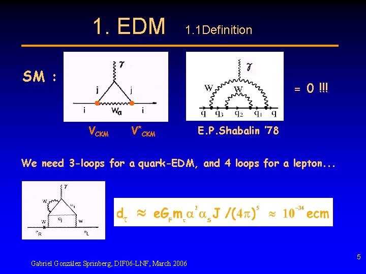 1. EDM 1. 1 Definition SM : = 0 !!! VCKM V*CKM E. P.