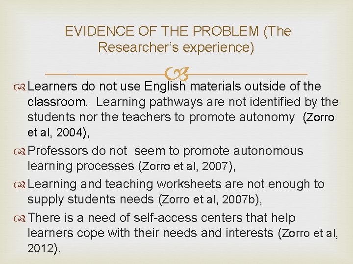 EVIDENCE OF THE PROBLEM (The Researcher’s experience) Learners do not use English materials outside