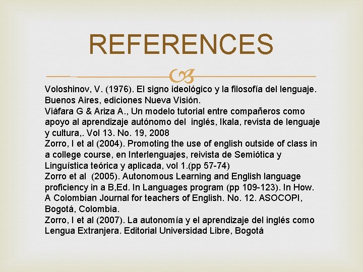REFERENCES Voloshinov, V. (1976). El signo ideológico y la filosofía del lenguaje. Buenos Aires,