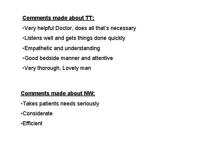 Comments made about TT: • Very helpful Doctor, does all that’s necessary • Listens