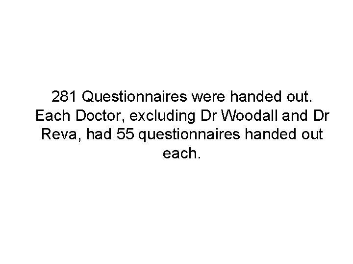 281 Questionnaires were handed out. Each Doctor, excluding Dr Woodall and Dr Reva, had