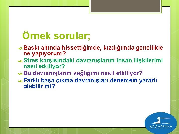 Örnek sorular; Baskı altında hissettiğimde, kızdığımda genellikle ne yapıyorum? Stres karşısındaki davranışlarım insan ilişkilerimi