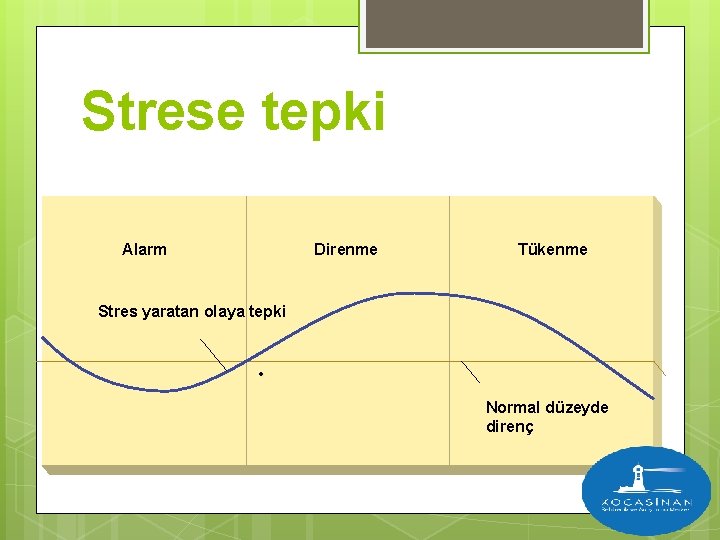 Strese tepki Alarm Direnme Tükenme Stres yaratan olaya tepki • Normal düzeyde direnç 