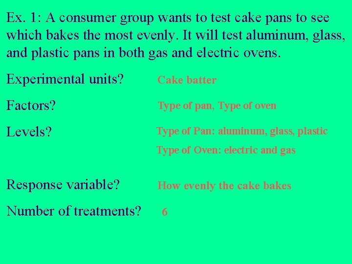 Ex. 1: A consumer group wants to test cake pans to see which bakes Ex. 1: A consumer group wants to test cake pans to see which bakes