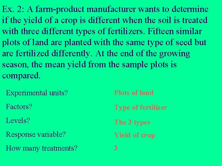 Ex. 2: A farm-product manufacturer wants to determine if the yield of a crop Ex. 2: A farm-product manufacturer wants to determine if the yield of a crop