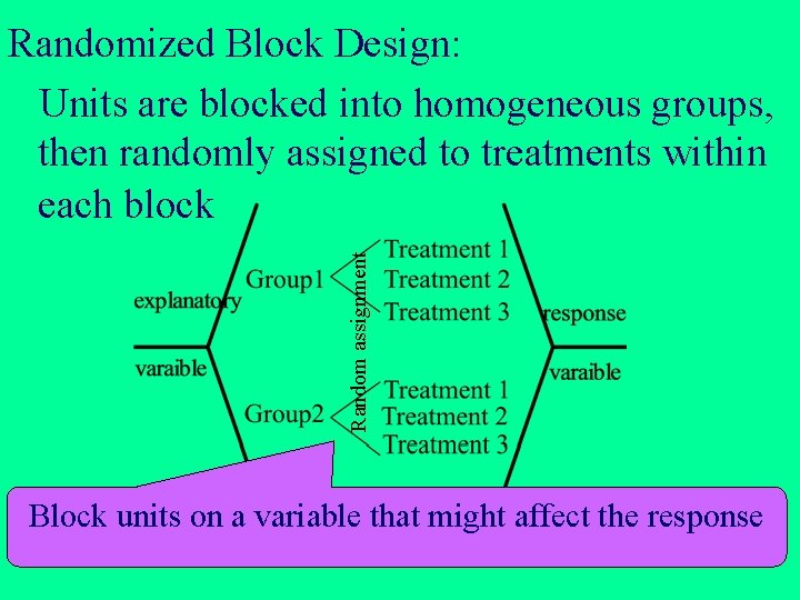 Random assignment Randomized Block Design: Units are blocked into homogeneous groups, then randomly assigned Random assignment Randomized Block Design: Units are blocked into homogeneous groups, then randomly assigned