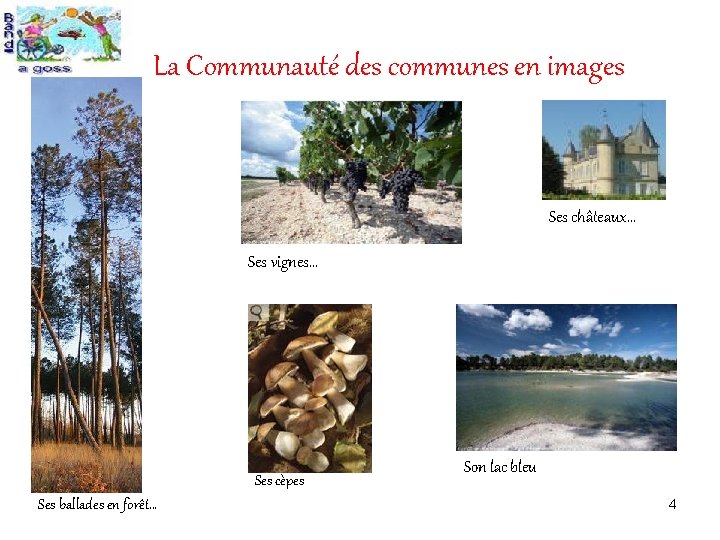 La Communauté des communes en images Ses châteaux… Ses vignes… Ses cèpes Ses ballades