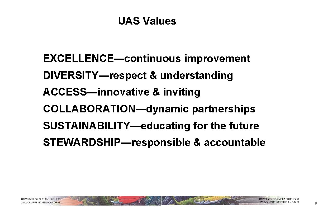 UAS Values EXCELLENCE—continuous improvement DIVERSITY—respect & understanding ACCESS—innovative & inviting COLLABORATION—dynamic partnerships SUSTAINABILITY—educating for