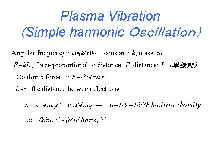 Plasma Vibration （Simple harmonic Ｏｓｃｉｌｌａｔｉｏｎ） Angular frequency : ω=(k/m)1/2 ； constant: k, mass: m，