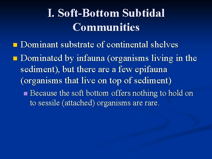 I. Soft-Bottom Subtidal Communities Dominant substrate of continental shelves n Dominated by infauna (organisms