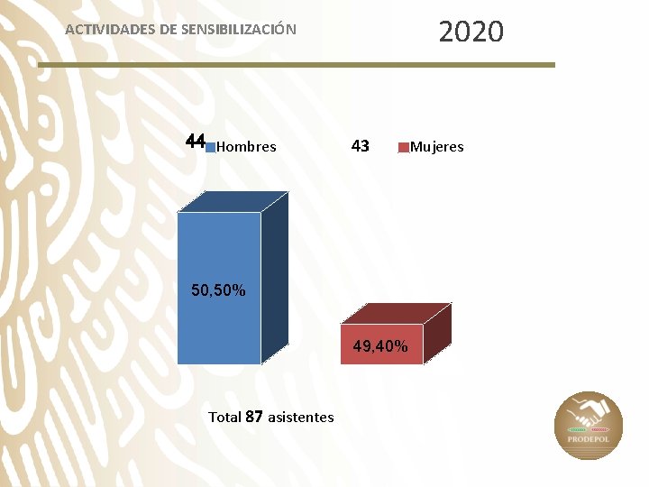 2020 ACTIVIDADES DE SENSIBILIZACIÓN 44 Hombres 43 50, 50% 49, 40% Total 87 asistentes