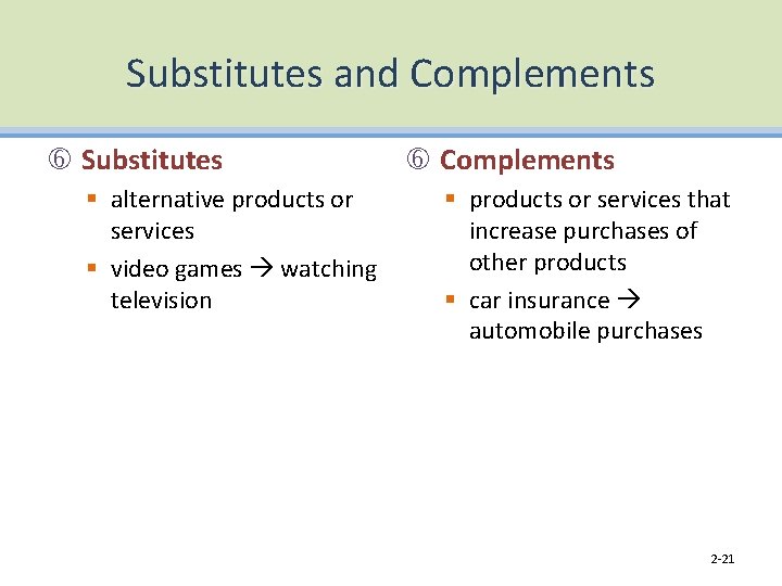 Substitutes and Complements Substitutes § alternative products or services § video games watching television