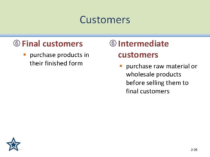 Customers Final customers § purchase products in their finished form Intermediate customers § purchase