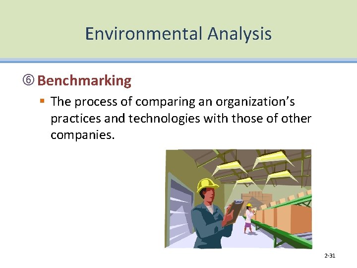 Environmental Analysis Benchmarking § The process of comparing an organization’s practices and technologies with