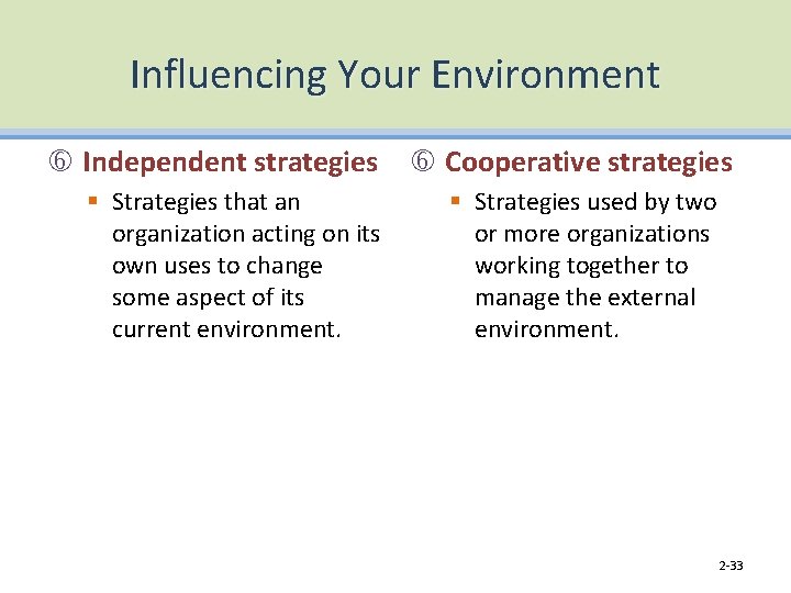 Influencing Your Environment Independent strategies § Strategies that an organization acting on its own