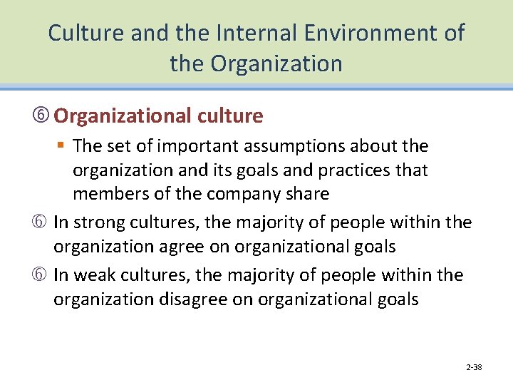 Culture and the Internal Environment of the Organizational culture § The set of important