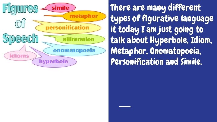 There are many different types of figurative language it today I am just going