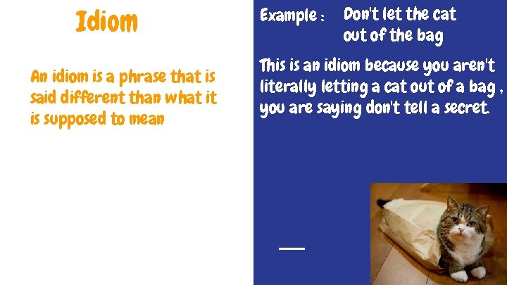 Idiom An idiom is a phrase that is said different than what it is