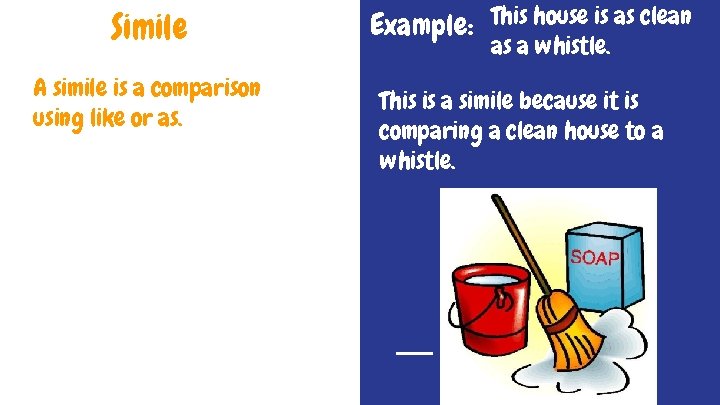 Simile A simile is a comparison using like or as. Example: This house is