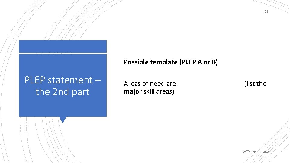 11 Possible template (PLEP A or B) PLEP statement – the 2 nd part