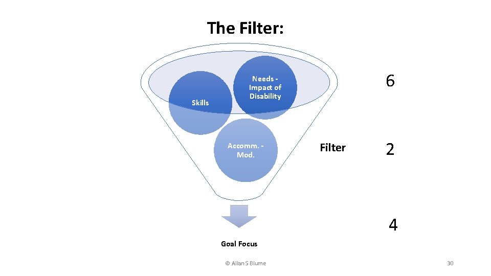 The Filter: Skills 6 Needs Impact of Disability Accomm. Mod. Filter 2 4 Goal