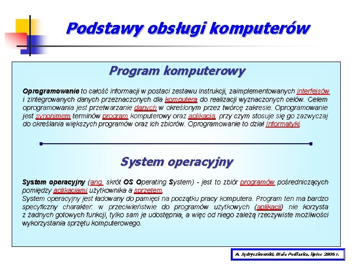 Podstawy obsługi komputerów Program komputerowy Oprogramowanie to całość informacji w postaci zestawu instrukcji, zaimplementowanych
