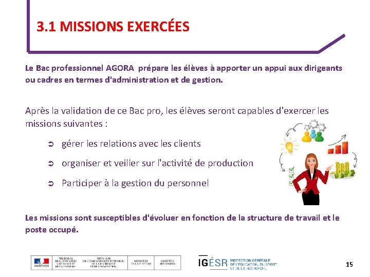 3. 1 MISSIONS EXERCÉES Le Bac professionnel AGORA prépare les élèves à apporter un