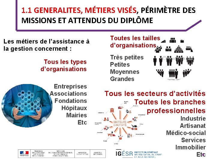 1. 1 GENERALITES, MÉTIERS VISÉS, PÉRIMÈTRE DES MISSIONS ET ATTENDUS DU DIPLÔME Les métiers