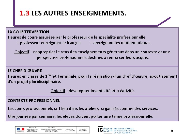 1. 3 LES AUTRES ENSEIGNEMENTS. LA CO-INTERVENTION Heures de cours assurées par le professeur