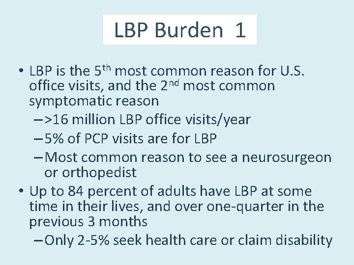 LBP Burden 1 • LBP is the 5 th most common reason for U.