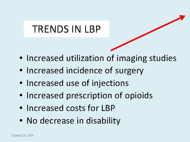 TRENDS IN LBP • • • Increased utilization of imaging studies Increased incidence of