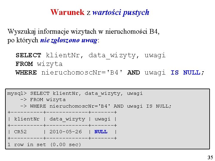 Warunek z wartości pustych Wyszukaj informacje wizytach w nieruchomości B 4, po których nie