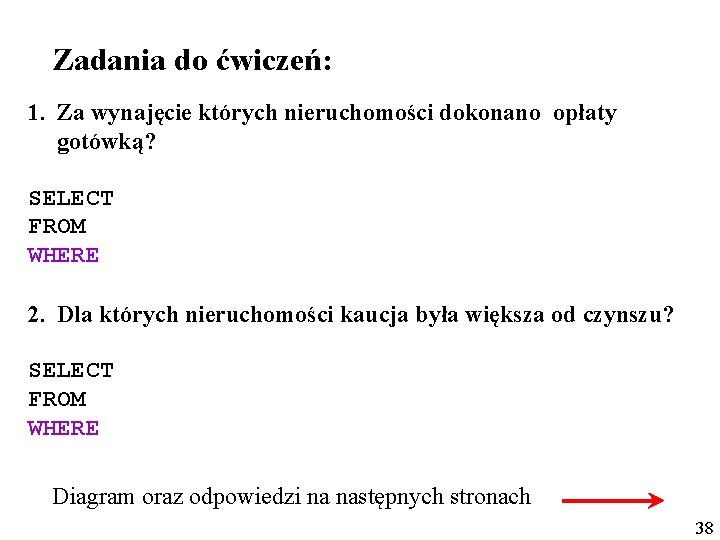 Zadania do ćwiczeń: 1. Za wynajęcie których nieruchomości dokonano opłaty gotówką? SELECT FROM WHERE