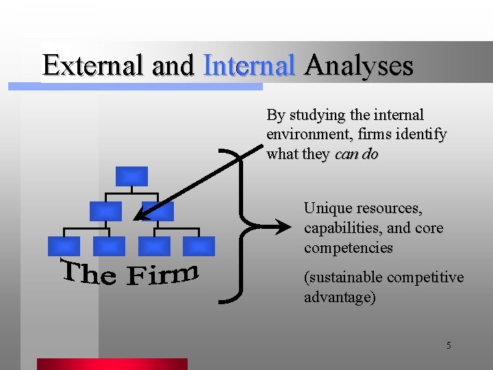 External and Internal Analyses By studying the internal environment, firms identify what they can