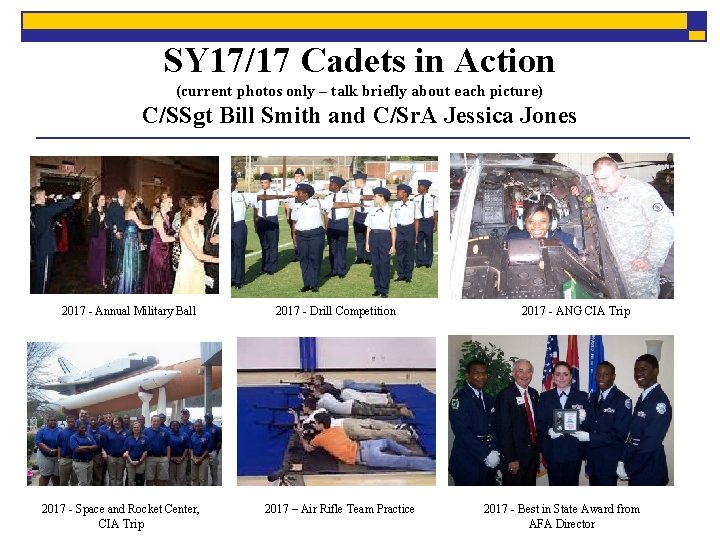 SY 17/17 Cadets in Action (current photos only – talk briefly about each picture)