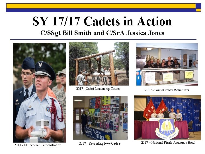 SY 17/17 Cadets in Action C/SSgt Bill Smith and C/Sr. A Jessica Jones 2017