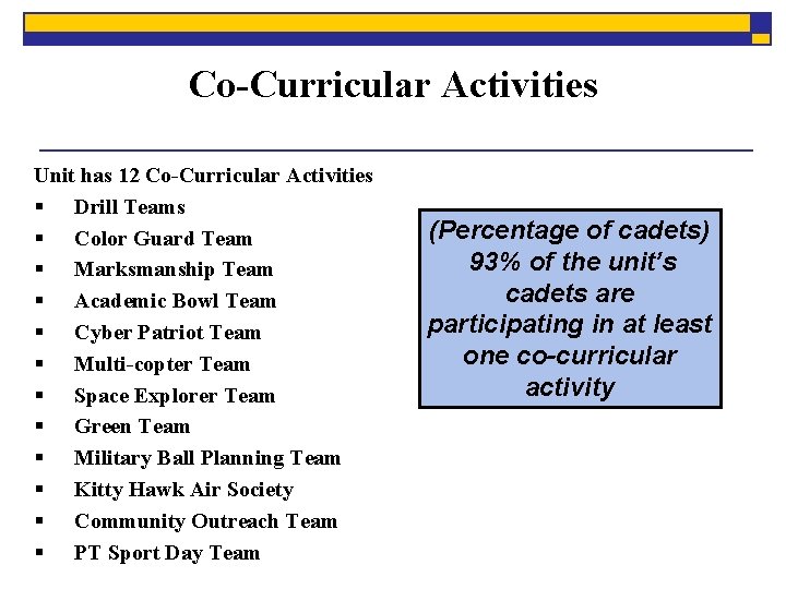 Co-Curricular Activities Unit has 12 Co-Curricular Activities § Drill Teams § Color Guard Team