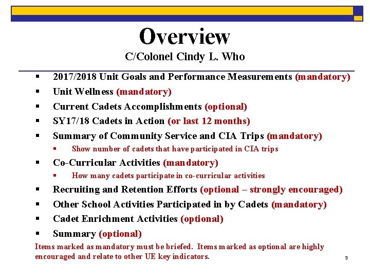 Overview C/Colonel Cindy L. Who § § § 2017/2018 Unit Goals and Performance Measurements