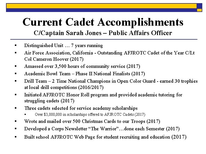 Current Cadet Accomplishments C/Captain Sarah Jones – Public Affairs Officer § § § §