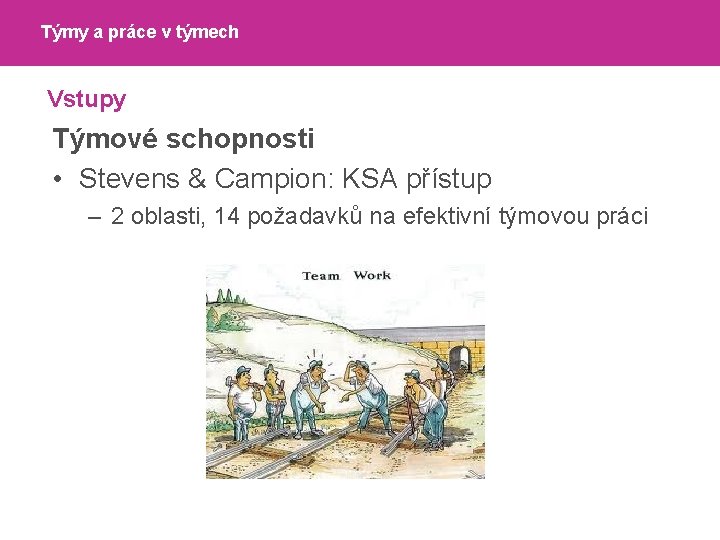 Týmy a práce v týmech Vstupy Týmové schopnosti • Stevens & Campion: KSA přístup