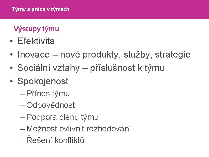 Týmy a práce v týmech Výstupy týmu • • Efektivita Inovace – nové produkty,