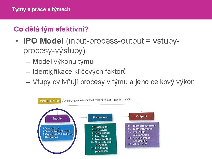 Týmy a práce v týmech Co dělá tým efektivní? • IPO Model (input-process-output =