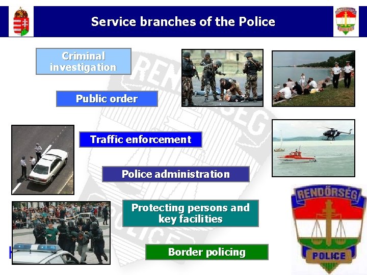 Service branches of the Police Criminal investigation Public order Traffic enforcement Police administration Protecting